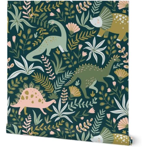Peel & Stick Wallpaper 6ft x 2ft - Botanical Dinosaurs Green Pink Animals Jurassic Gender Neutral Unisex Whimsical Children Tropical Custom Removable Wallpaper by Spoonflower