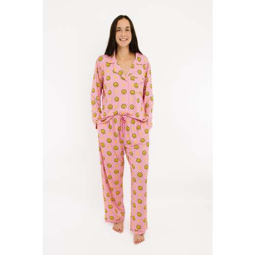 Pink Bolt Check Women's Button Up Long Sleeve Set