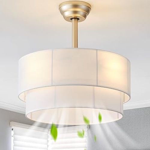 20" Boho Ceiling Fans with Lights, Fabric Fandelier Chandelier Ceiling Fan with Light Remote Control, Caged with 6 Speeds for Bedroom, Nursery(White)