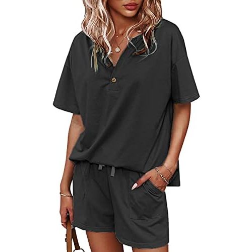 CORSKI Women's Short Sleeve Sweatsuit Sets Lounge 2 Piece V Neck Tracksuit Casual Loose Fit Outfits