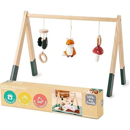 Little Big Friends Wooden Baby Activity Gym – Montessori Play Gym for Babies | Encourages Motor Skills & Sensory Development | Includes Crinkle Fabrics, Wooden Chimes & Hanging Toys – Forest