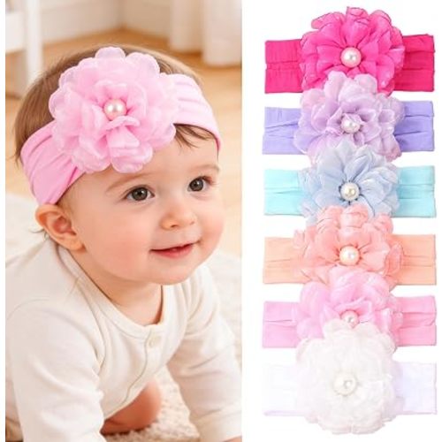XIMA 6 Pcs Baby Girl Flower Headbands,Soft Nylon Hair Bands with Pearls