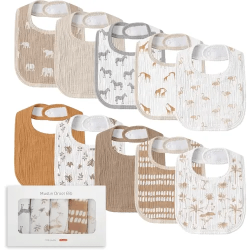 Muslin Baby Drool Bibs for Unisex Boys Girls, 10 Pack Soft Cotton Baby Bib for Teething Drooling, Essentials Shower Gift (10, Brown)