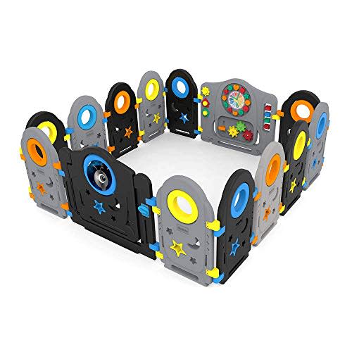 Grey Black Baby Playpen - Kids Activity Center Portable Playard, Indoor and Outdoor Baby Fence - Safe Play Yard Play Pen with Games & Gates for Infants (Grey & Black, 14 Panels)