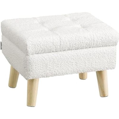 SONGMICS Storage Ottoman, Foot Stool, Ottoman with Padded Seat, Foot Rest with Wood Legs, Small Table, for Hallway, Living Room, 11.8 x 15.7 x 11.4 Inches, Teddy Fleece, Cream White ULOM518WD01