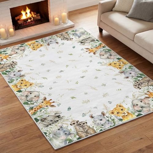 Artoid Mode Animals Elephant Giraffe Baby Shower Area Rug, Spring Birthday Home Decor Low-Profile Washable Area Rugs for Entryway Bedroom Living Room Laundry Room Indoor 5x7 Feet