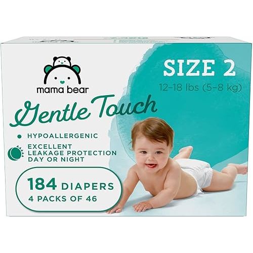 Amazon Brand - Mama Bear Gentle Touch Baby Diapers, Size 2, 184 Count (4 packs of 46), Leak Protection, Wetness Indicator, Fragrance-Free, Chlorine-Free