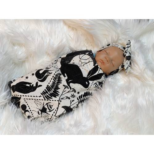 Witchy Baby Blanket, Black White Magician Land Swaddle + Hat Headband, Goth Baby Stuff, Bunny Bee Crescent Moon, Fantasy Nursery