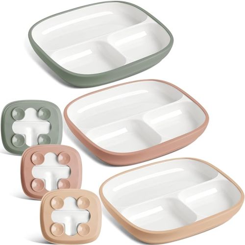 Domensi Kids Porcelain Plates with Silicone Sleeves 8.2 Inch Divided Porcelain Plate Toddler White Suction Dishes for Baby Troubleless Eating Microwave Dishwasher Safe(Vibrant,3 Set)
