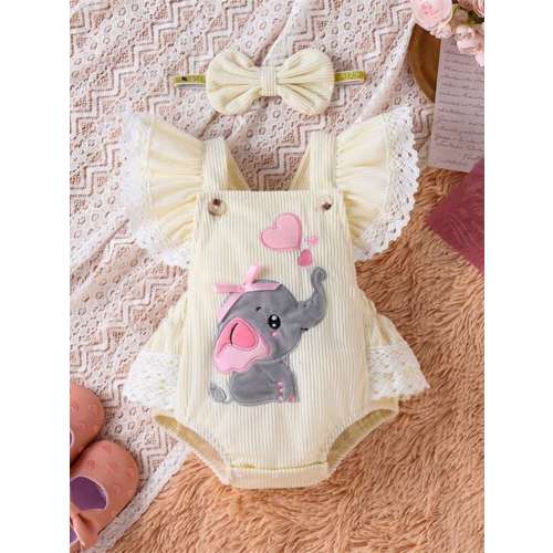 Newborn Baby Girl Embroidery Elephant Heart Romper Outfit Fly Sleeve Corduroy Bodysuit With Headband Valentine's Day Clothes 0-18M | SHEIN USA