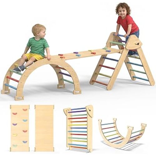 Large Pikler Triangle Set, 7-in-1 Toddler Climbing Toys Indoor, Wooden Montessori Climbing Set with Arch Ramp Ladder, Foldable Baby Jungle Gym Playground (Rainbow)