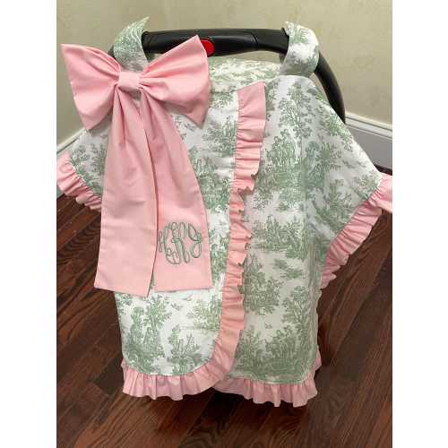 Green Toile Car Seat Canopy with Large Pink Bow and Ruffle, Monogrammed Car Seat Tent, Personalized Baby Shower Gift