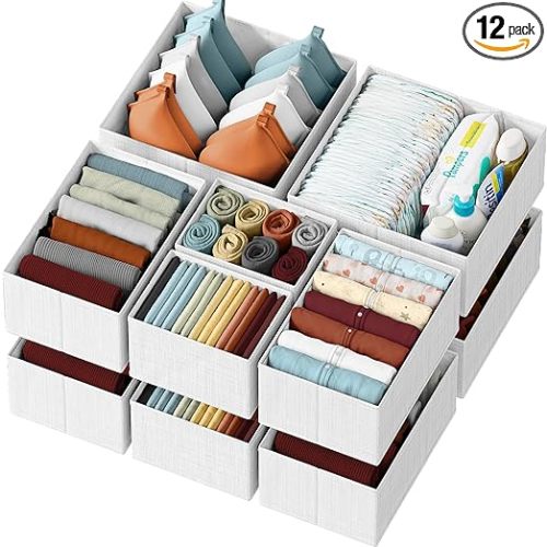 Drawer Organizer Clothes Set of 12 White-Grey - Dresser Organizer For Nursery, Bedroom, Closet - Perfect Baby Clothes Organizer and Storage & General Nursery Organization or Dresser Drawer Organizers