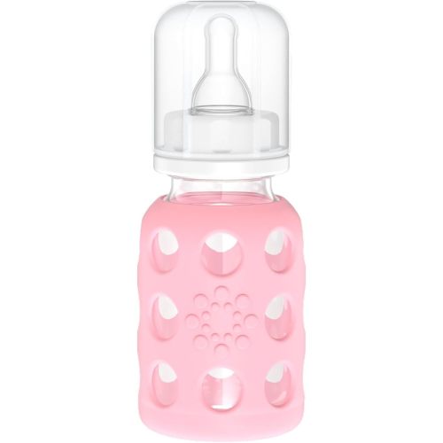 Lifefactory 4-Ounce Glass Baby Bottle with Protective Silicone Sleeve and Stage 1 Nipple Pink (LF110003C4)