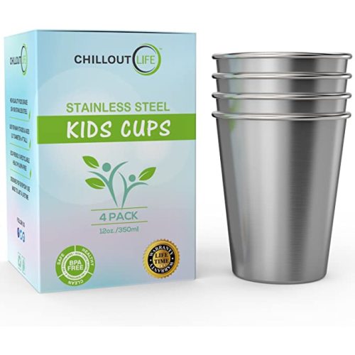 CHILLOUT LIFE Stainless Steel Cups for Kids and Adult 12 oz – Metal Kids Cups stackable for Home & Outdoor Activities, BPA Free Healthy Unbreakable Premium Metal Drinking Pint Glasses (4-Pack)