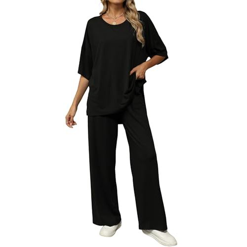 KevaMolly 2 Piece Lounge Set for Women Postpartum Oversized Tops and Wide Leg Pants Soft Comfy Pajamas Set 2 Piece Outfits