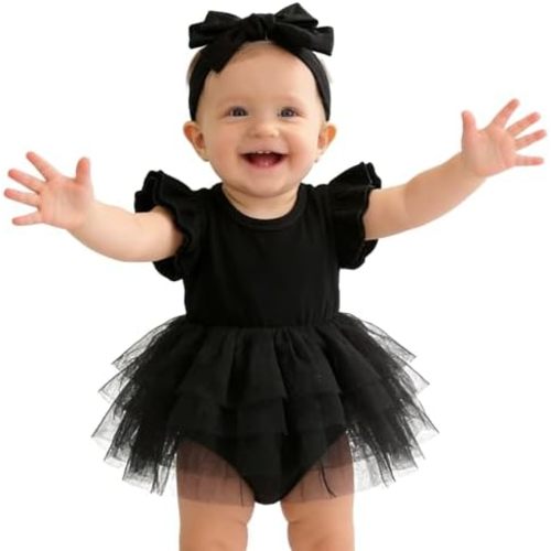 Baby Girl Clothes Infant Ruffle Sleeve Romper Dress Newborn Solid Tutu Skirt Sets Jumpsuit Headband Outfit