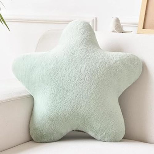 Xiashrk Star Pillow, Decorative Throw Pillows for Bed Couch, 15" Star Shaped Pillow Plush Floor Cushions Room Decor Pillow with Faux Rabbit Fur for Sofa Bedroom Living Room (Sage Green, 15" x 15")