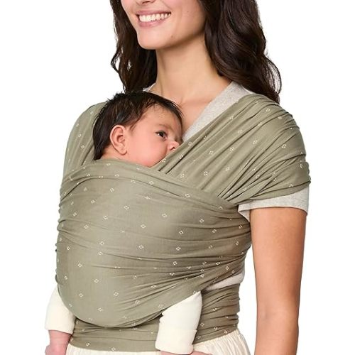 Ergobaby Aura Baby Wrap Carrier for Newborn 0-12 Months (8-25 lbs) - Soft Stretchy Infant Wrap Carrier with Hip-Healthy Positioning, Pre-Tied Design - Olive Diamond
