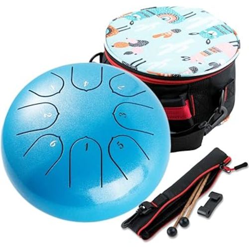 Steel Tongue Drum 8 Notes 6 Inches Tank Drum Percussion Instrument with Drum Mallets Travel Bag Gifts for Adult (Blue)