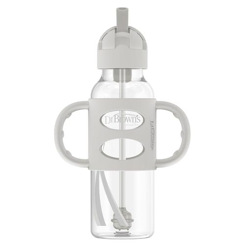 Dr. Brown's Milestones Narrow Sippy Straw Bottle, Spill-Proof with 100% Silicone Handles and Weighted Straw, 8 oz/250 mL, Gray, 6m+