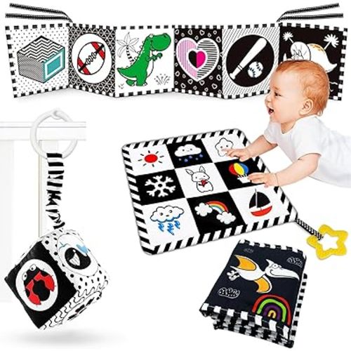 3 Pcs Black and White High Contrast Baby Toys 0-3 Months for Newborn, Babies Sensory Soft Cloth Book for Early Education, Infant Tummy Time Toys, Montessori Toys for Babies, 0 6 9 Months Essentials