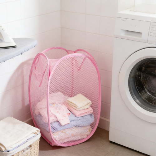 JUSEO Foldable Laundry Hamper – Pink Mesh Basket 11.02 × 11.02 × 15.75 Inch