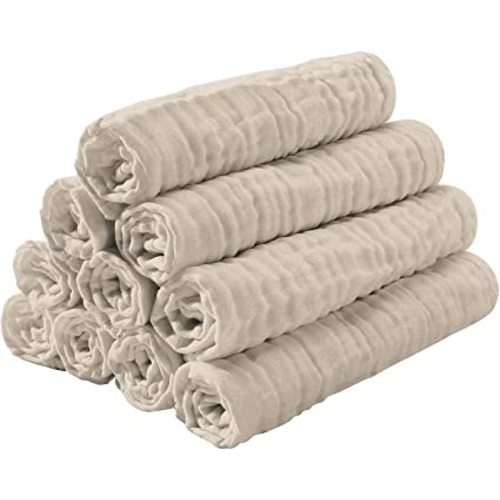 Yoofoss Lot de 10 débarbouillettes en mousseline pour bébé 100 % coton 50,8 x 25,4 cm - Super douces et absorbantes - Blanc abricot - Abricot blanc