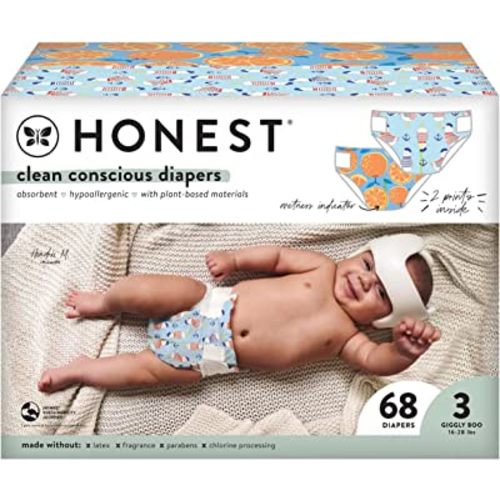 The Honest Company Clean Conscious Diapers | Plant-Based, Sustainable | Classic Stripes + Feeling Nauti | Club Box, Size 3 (16-28 lbs), 68 Count
