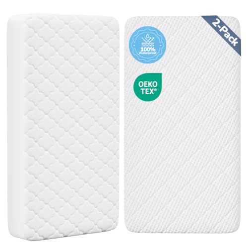Crib Mattress Protector 2 Pack, Waterproof Fitted Crib Sheets, 52" x 28" | Two Quilt Patterns, Soft Mattress Pad Cover, Noiseless, Machine Washable