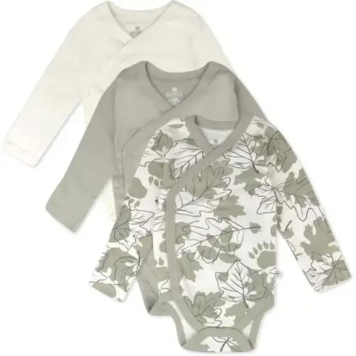 HonestBaby Baby Long Sleeve Side-Snap Organic Cotton Kimono Bodysuits (3 Pack)(Paw Leaves) - HonestBaby