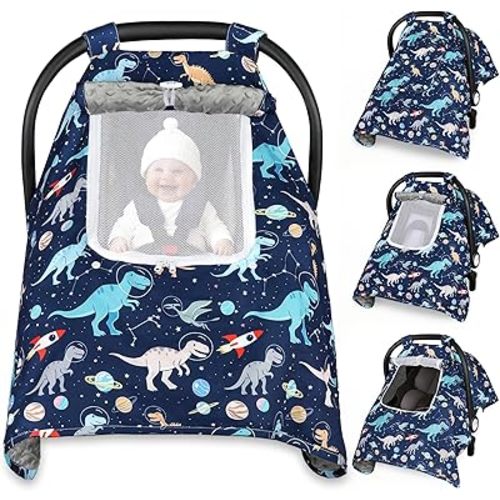 Car Seat Cover Baby, Carseat Covers Baby with 2 Layers Breathable Windows, Windproof Infant Car Seat Cover, Kick-Proof Baby Carrier Cover for Baby Boy Newborn Essentials