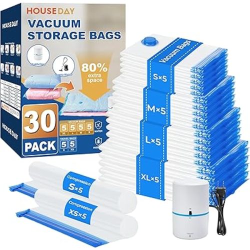 HOUSE DAY 30 Pack Vacuum Storage Bags with Electric Pump, 4 Sizes + 2 Roll-Up (5 Each), Space Saver Vacuum Seal Bags for Clothing, Bedding, Pillows, Travel – Airtight Seal, Reusable & Durable