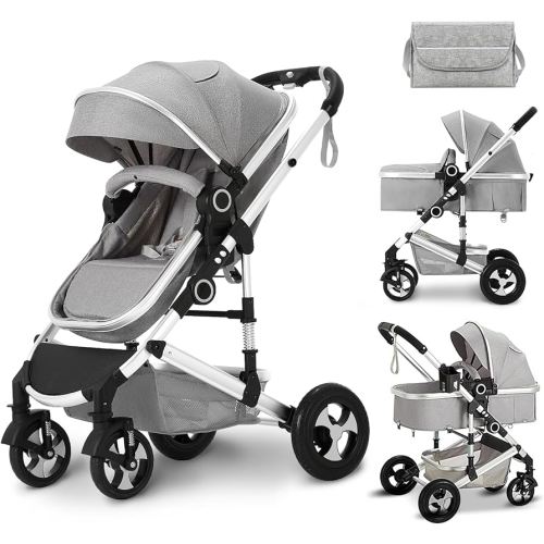 Kinder King 2 in 1 Convertible Baby Stroller, Folding High Landscape Infant Carriage, Newborn Reversible Pram, Adjustable Canopy, Diaper Bag, Anti-Shock Toddler Pushchair Stroller, Light Grey