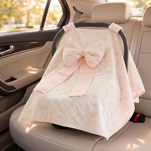 Luxury Baby Car Seat Canopy Cover with Elegant Floral Lace & Oversized Bow, Breathable Infant Car Seat Cover for Newborns, Privacy Baby Carrier Cover, Universal Infant Carrier Canopy, Shower Gift