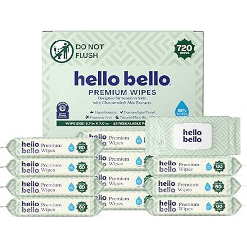 Hello Bello Premium Wipes, Designed for Sensitive Skin with Chamomile & Aloe Extracts, Simply Sage (12 Resealable Packets = 720 Total Wipes)