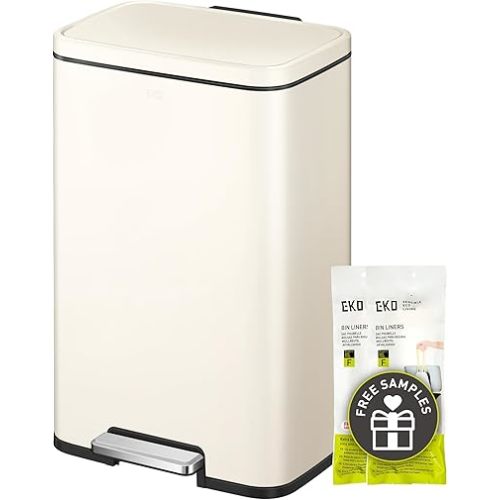 EKO Madison Vanilla Stainless Steel 13.2 Gal/50L Kitchen Step Trash Can or Recycling Bin, Removable Inner Liner, Soft Close Lid, Fingerprint Resistant Finish