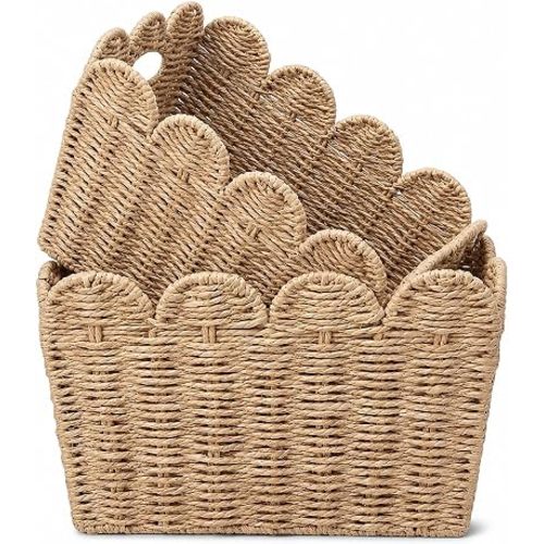 Scalloped Paper Rope Storage Basket Set of 2, Built-In Handles