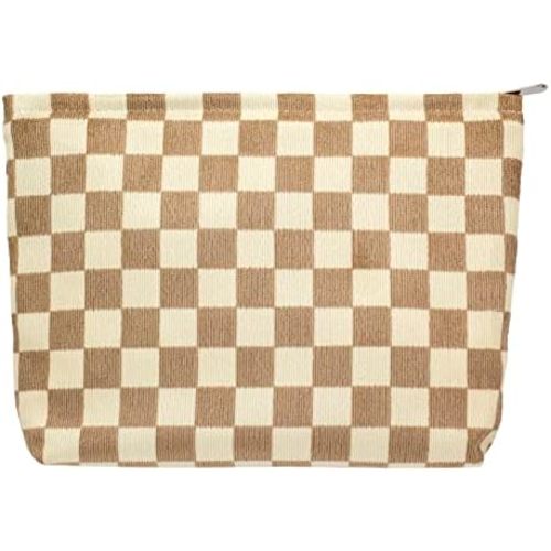 PAZIMIIK Makeup Bag Large Zipper Corduroy Make Up Pouch for Purse Travel Canvas Cosmetic Organizer for Women Brush Storage,Checkered Light Brown