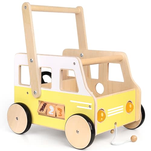 Pillowhale Wooden Baby Push Walker – Montessori Walker & Activity Push Toy with Steering Wheel + Rotating Headlights | Balance Trainer for Toddlers 1‑3 Years