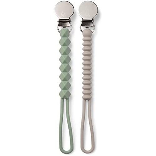 BooginHead Silicone Pacifier Clip Baby Pacifier Holder, 2-Pack, Sage & Stone