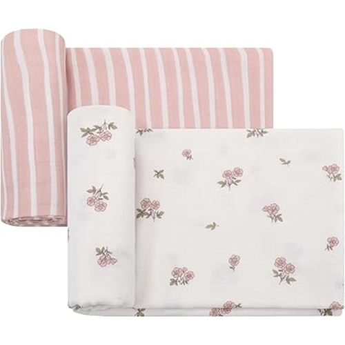 LifeTree Baby Swaddle Blankets, Boys Girls Muslin Swaddling Wrap Receiving Blanket for Newborn, 70% Viscose from Bamboo and 30% Cotton, Large 47" x 47", Pink Floral and Stripe