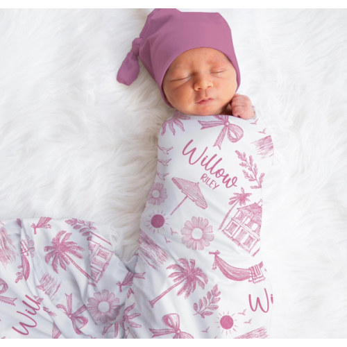 Personalized Pink Coastal Swaddle Blanket For Baby Shower, Custom Sun Newborn Baby Girl Gift Floral Toddler Name Blanket, Coming Home Outfit