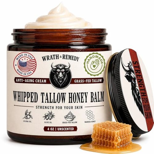 Organic Beef Tallow for Skin - 4 OZ (Unscented) — US-Made Grass Fed Beef Tallow for Face + Body — Creamy Non-Greasy Whipped Tallow and Honey Balm Moisturizer for Dry and Sensitive Skin (No Additives)