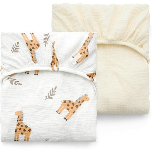 Momcozy Muslin Standard Fitted Crib Sheets, 52"x28", 2 Pack Soft Breathable Natural Cotton Baby Mattress Sheet, 360° Mattress Wrapping No Slip Boys Girls Neutral Toddler Bed Sheet, Bravery Giraffe