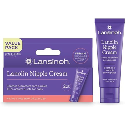 Lansinoh Lanolin Nipple Cream Safe for Breastfeeding Baby, 100% Natural Nipple Butter for Mom, Breastfeeding Essentials, 1.41 Ounces (2 Pack)