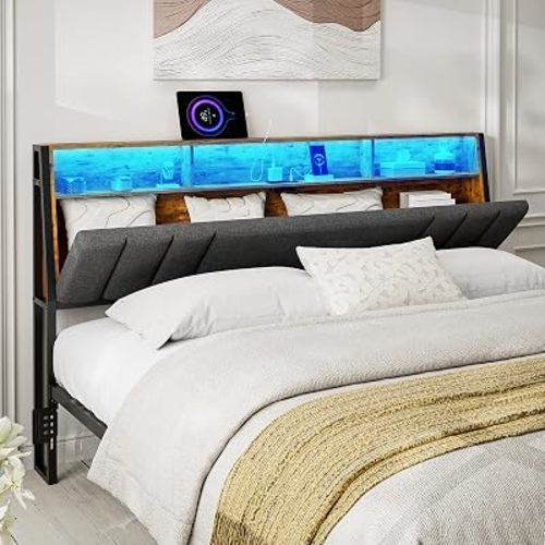 IKIFLY Hidden Storage Headboard King Size with LED Lights, Dark Grey