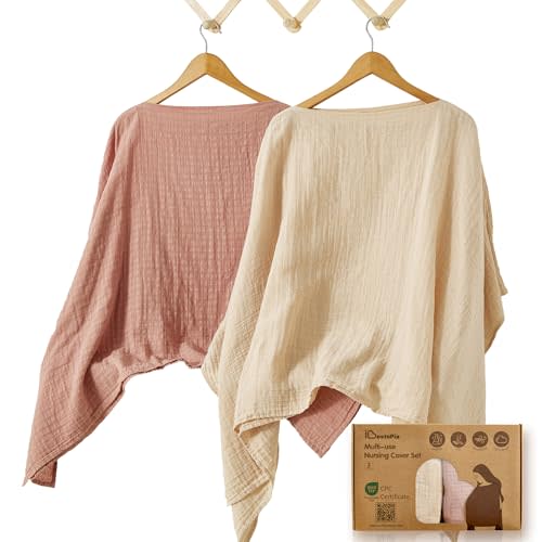 Cotton Muslin Nursing Cover, 2 Pack, 360° Full Privacy Poncho | Soft, Lightweight & Breathable Breastfeeding Cover, Multi-Use Car Seat Canopy & Stroller Cover(Linen & Dusty Pink)