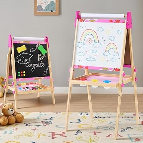 DUMOS Kids Easel Set with Paper Roll, Adjustable Height Wooden Double-Sided Magnetic Chalkboard & Whiteboard Art Station for Ages 3+, Dry Erase Board, Gift Idea with Accessories for Girls and Boys
