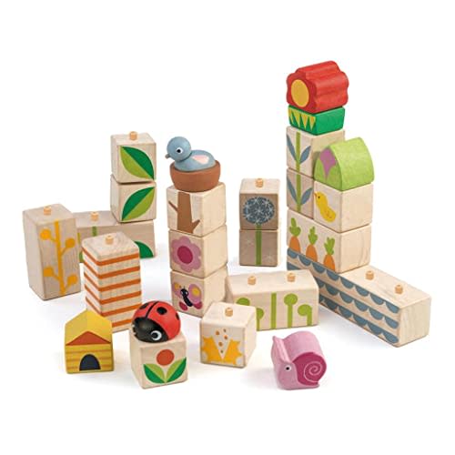 Tender Leaf Toys - Garden Blocks - 25 Pieces Decorative Garden Themed Wooden Stacking Blocks with Peg - Building Blocks, Hand-Eye Coordination Strength & Creative Play - Age 18m+